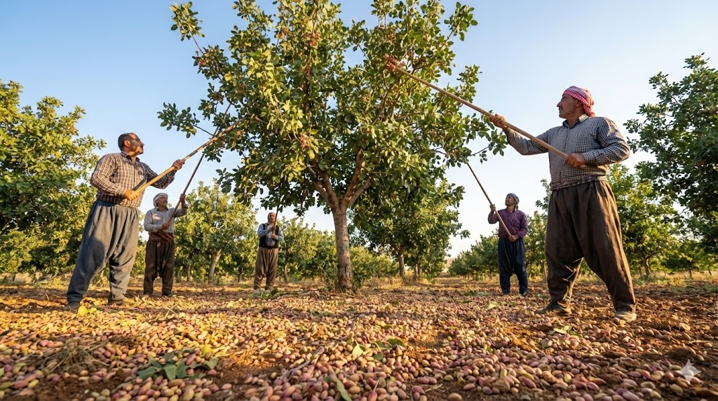 Geleneksel yöntemlerle Antep fıstığı hasadı